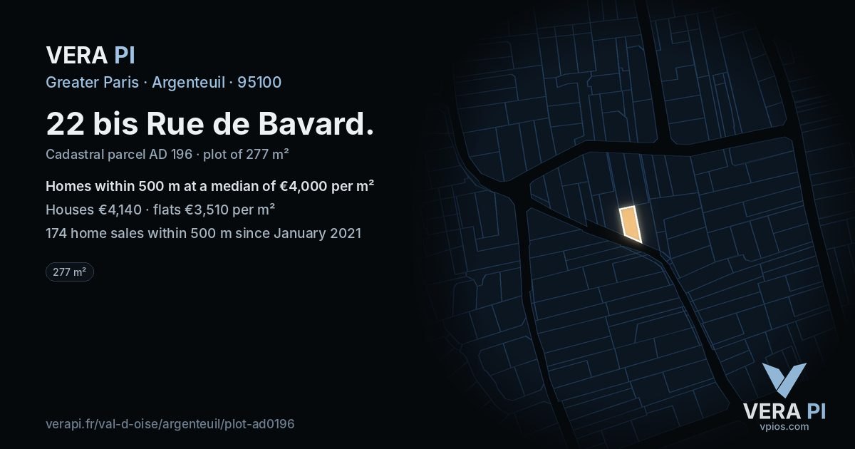 22 bis Rue de Bavard, Argenteuil at night – the plot lit, the parcels around coloured by the prices near them