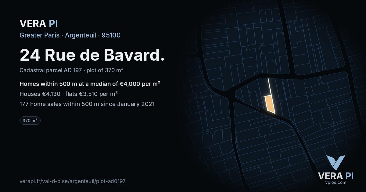 24 Rue de Bavard, Argenteuil at night – the plot lit, the parcels around coloured by the prices near them