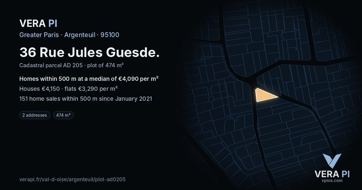36 Rue Jules Guesde, Argenteuil at night – the plot lit, the parcels around coloured by the prices near them
