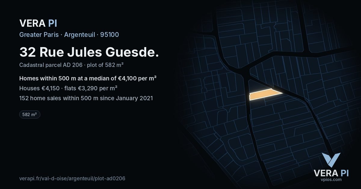 32 Rue Jules Guesde, Argenteuil at night – the plot lit, the parcels around coloured by the prices near them