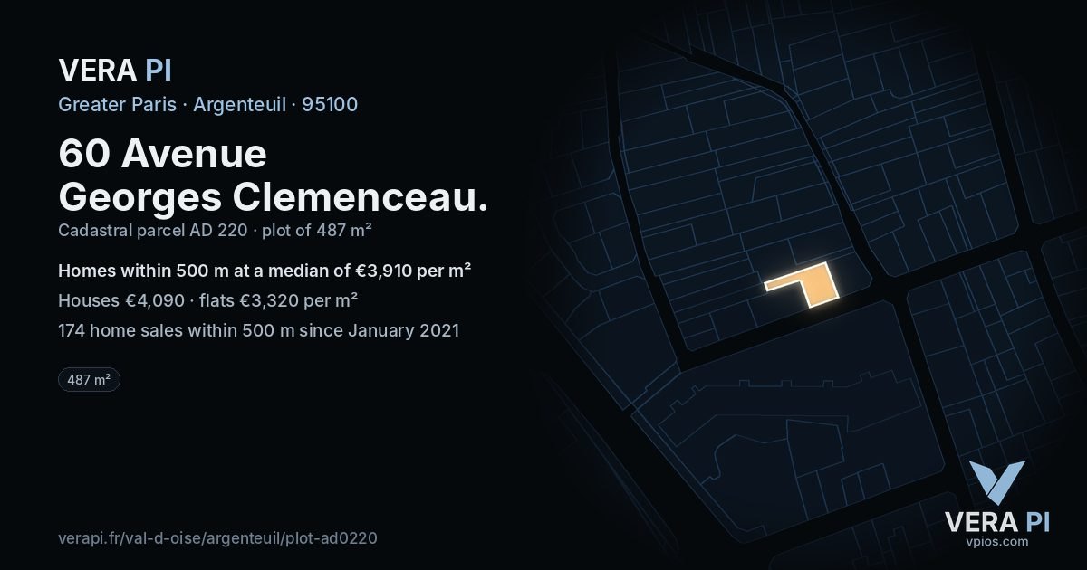 60 Avenue Georges Clemenceau, Argenteuil at night – the plot lit, the parcels around coloured by the prices near them