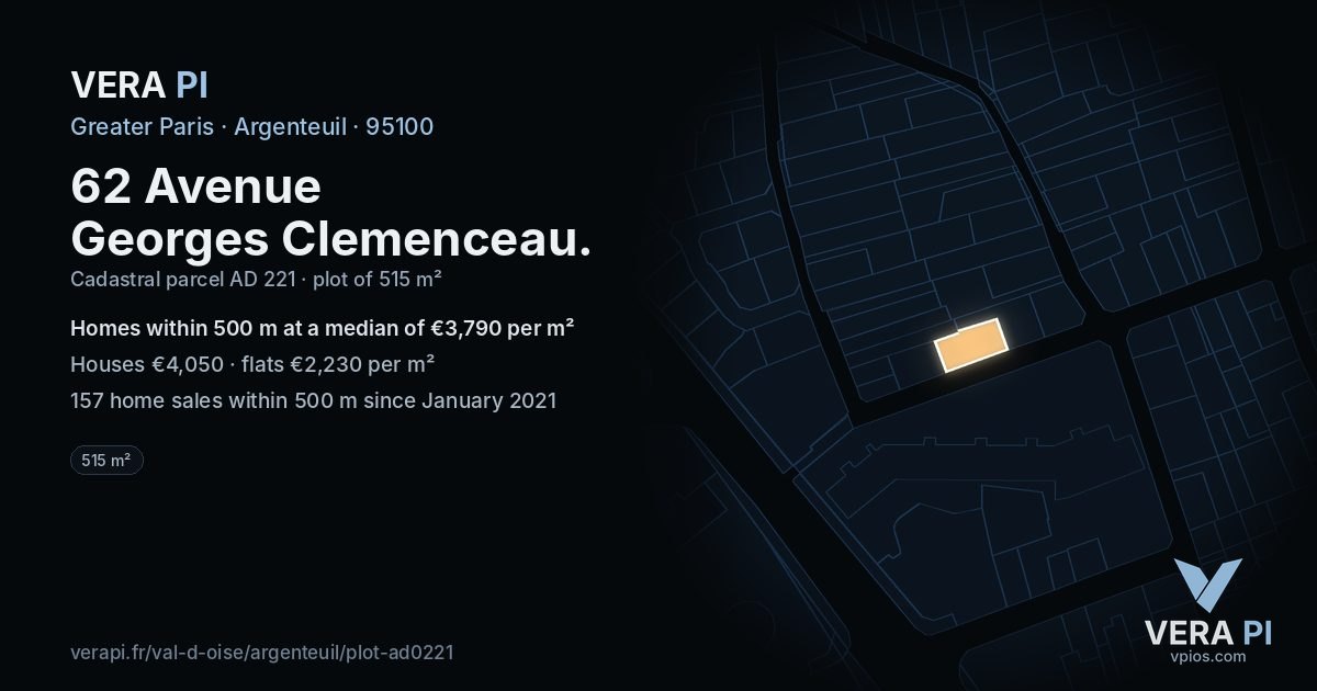 62 Avenue Georges Clemenceau, Argenteuil at night – the plot lit, the parcels around coloured by the prices near them