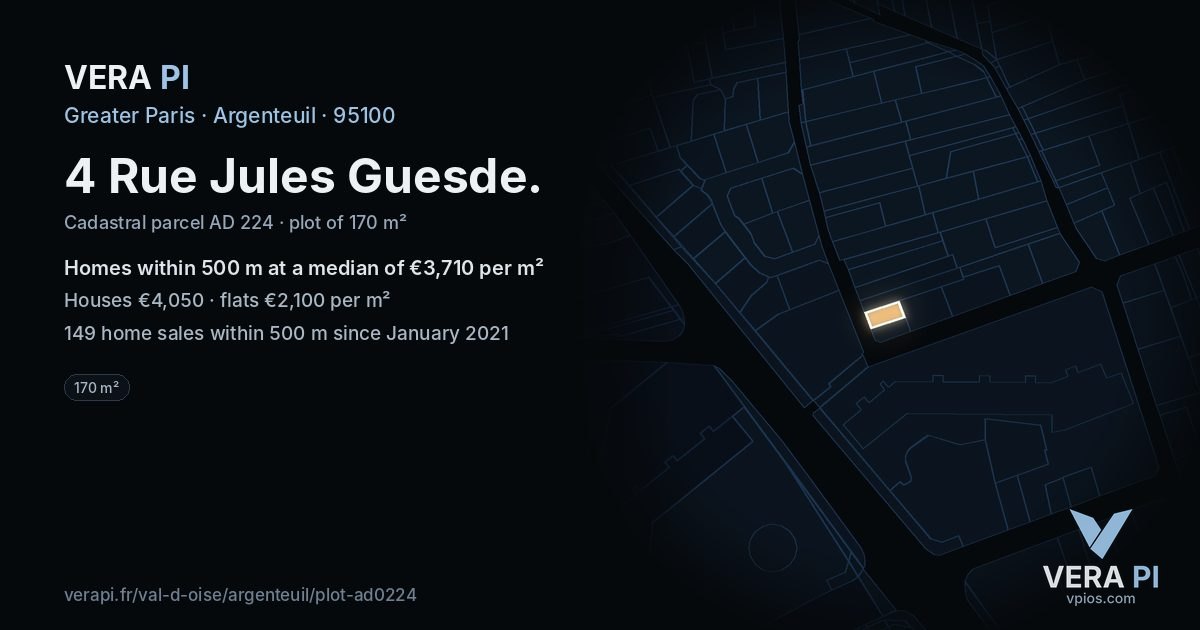 4 Rue Jules Guesde, Argenteuil at night – the plot lit, the parcels around coloured by the prices near them