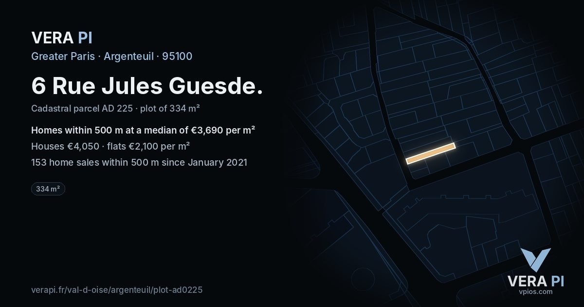 6 Rue Jules Guesde, Argenteuil at night – the plot lit, the parcels around coloured by the prices near them