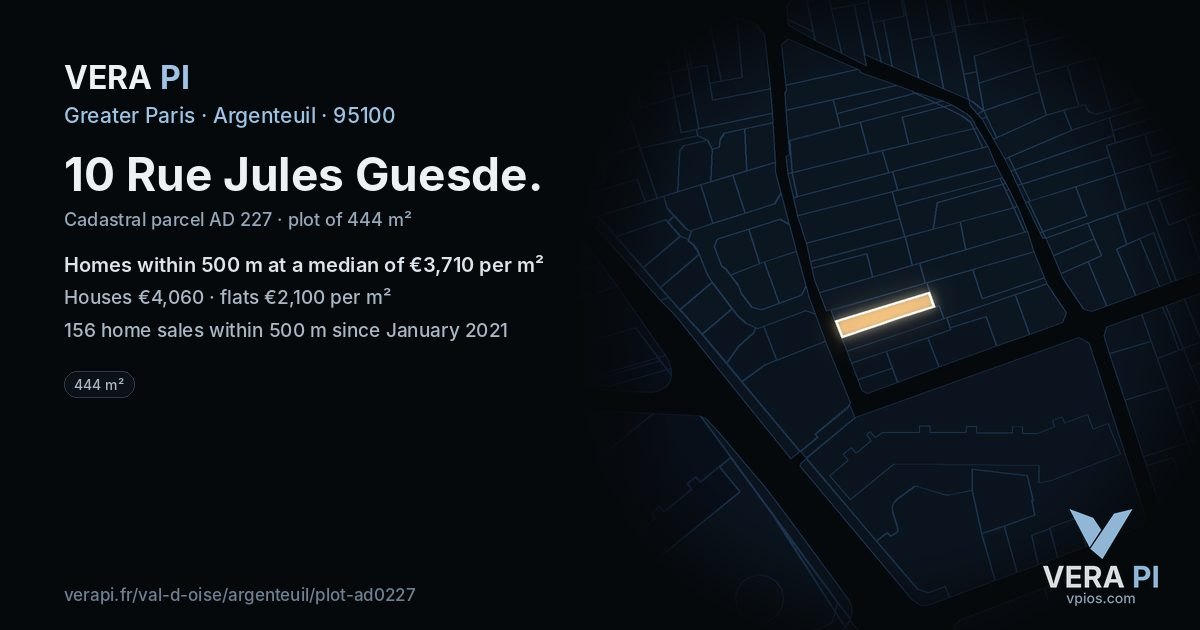10 Rue Jules Guesde, Argenteuil at night – the plot lit, the parcels around coloured by the prices near them