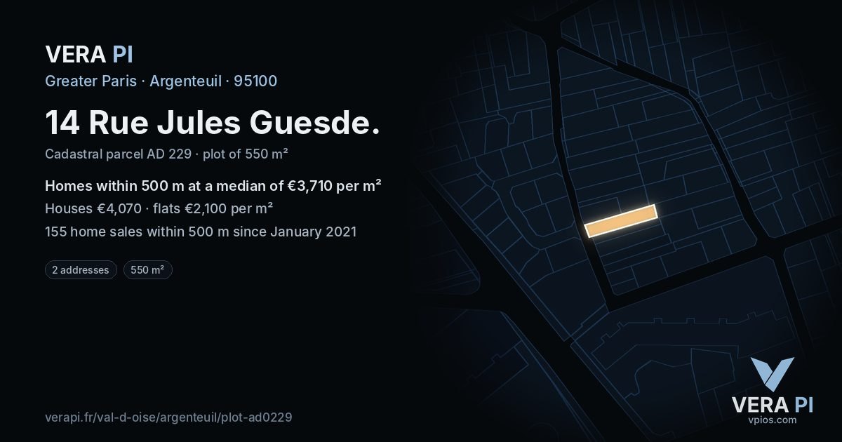 14 Rue Jules Guesde, Argenteuil at night – the plot lit, the parcels around coloured by the prices near them