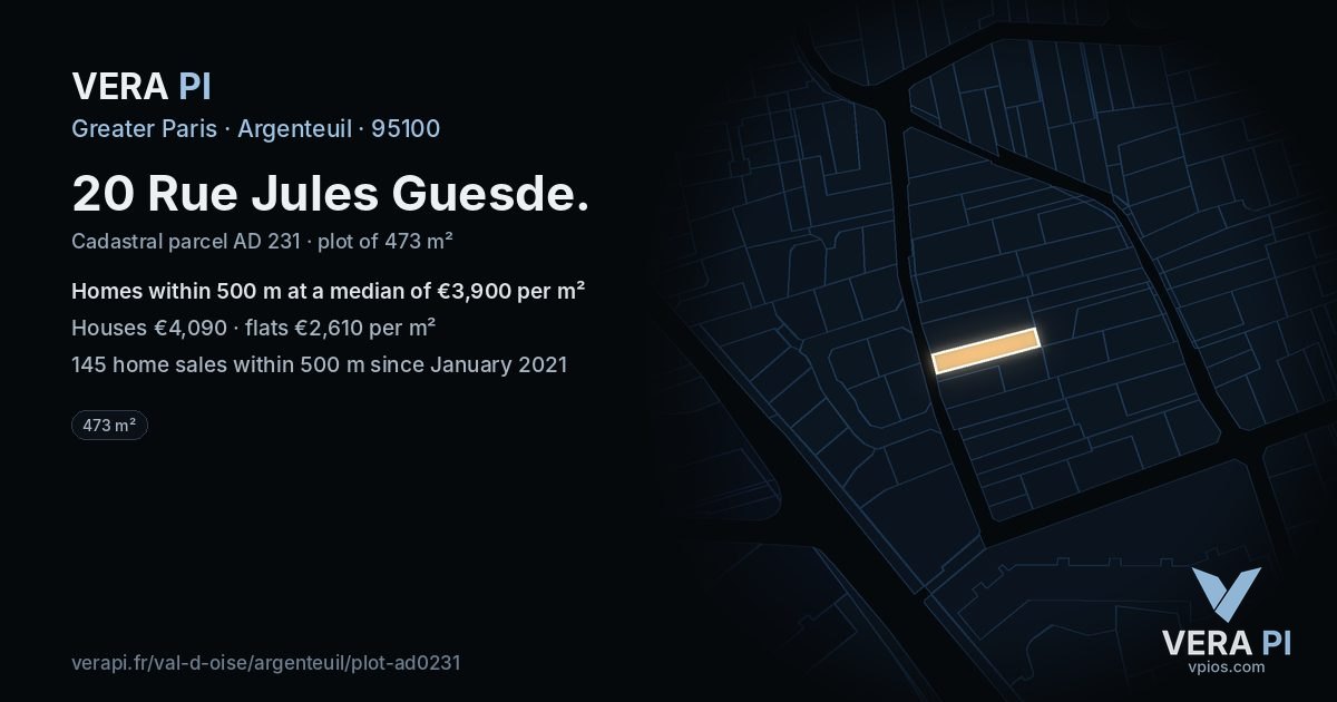 20 Rue Jules Guesde, Argenteuil at night – the plot lit, the parcels around coloured by the prices near them