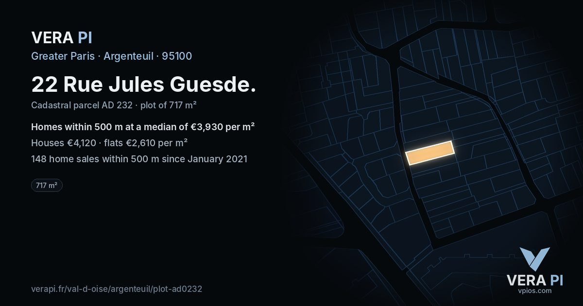 22 Rue Jules Guesde, Argenteuil at night – the plot lit, the parcels around coloured by the prices near them
