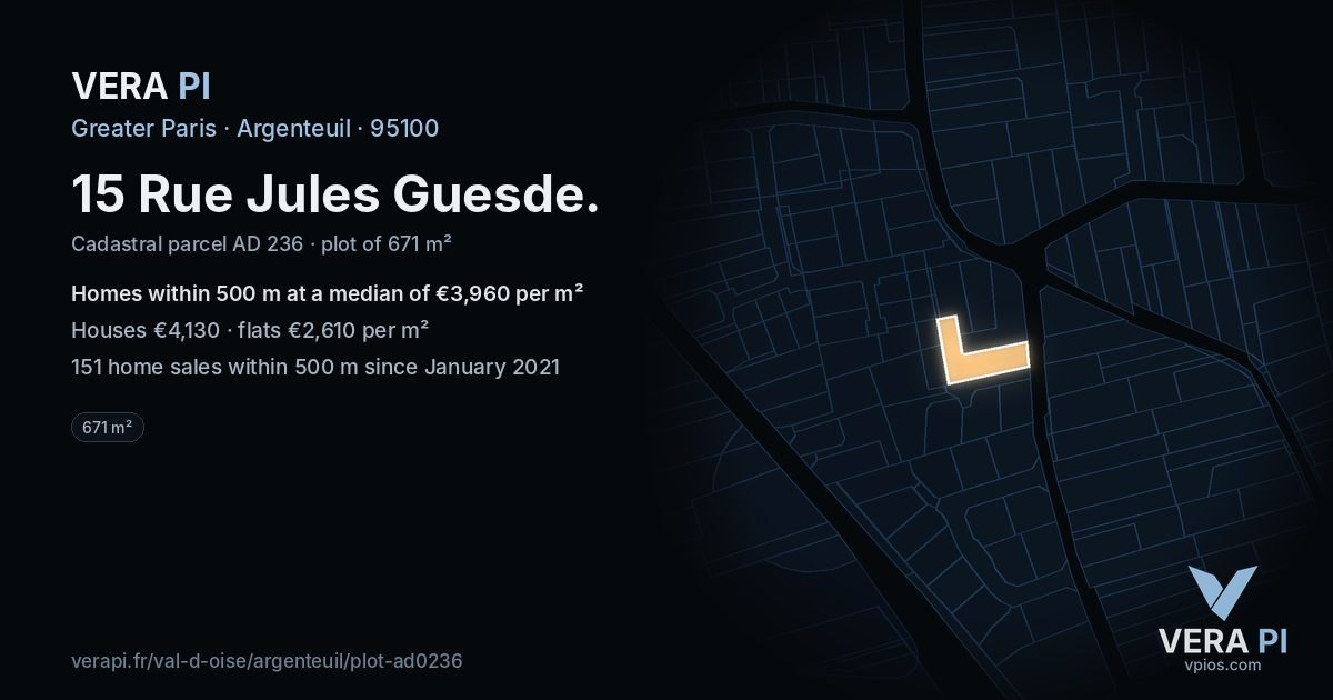 15 Rue Jules Guesde, Argenteuil at night – the plot lit, the parcels around coloured by the prices near them