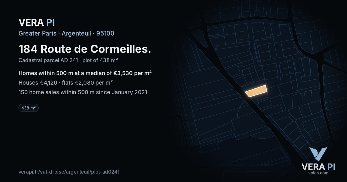 184 Route de Cormeilles, Argenteuil at night – the plot lit, the parcels around coloured by the prices near them