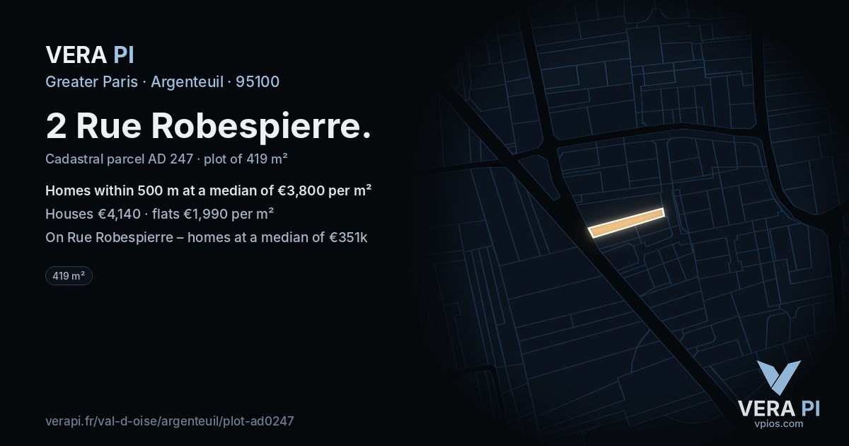2 Rue Robespierre, Argenteuil at night – the plot lit, the parcels around coloured by the prices near them