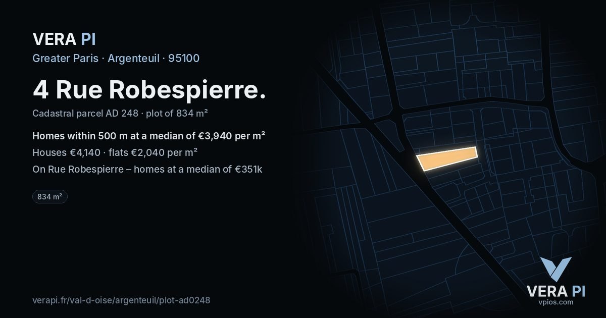 4 Rue Robespierre, Argenteuil at night – the plot lit, the parcels around coloured by the prices near them