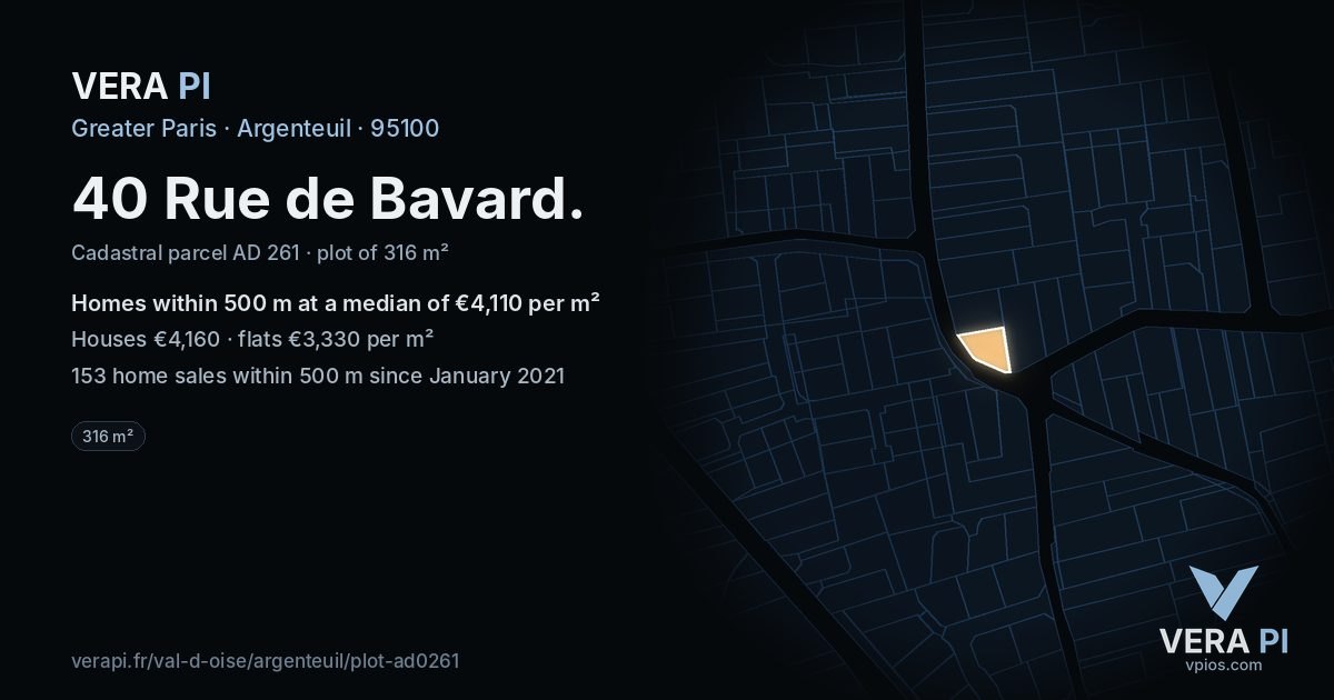 40 Rue de Bavard, Argenteuil at night – the plot lit, the parcels around coloured by the prices near them