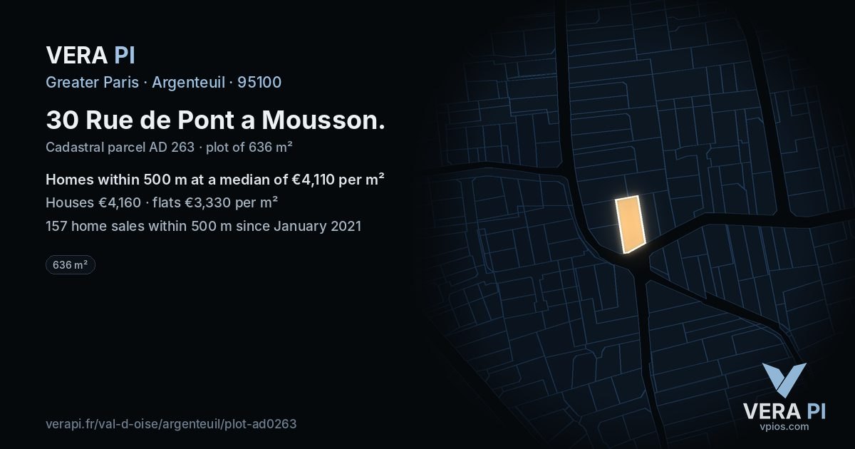 30 Rue de Pont a Mousson, Argenteuil at night – the plot lit, the parcels around coloured by the prices near them