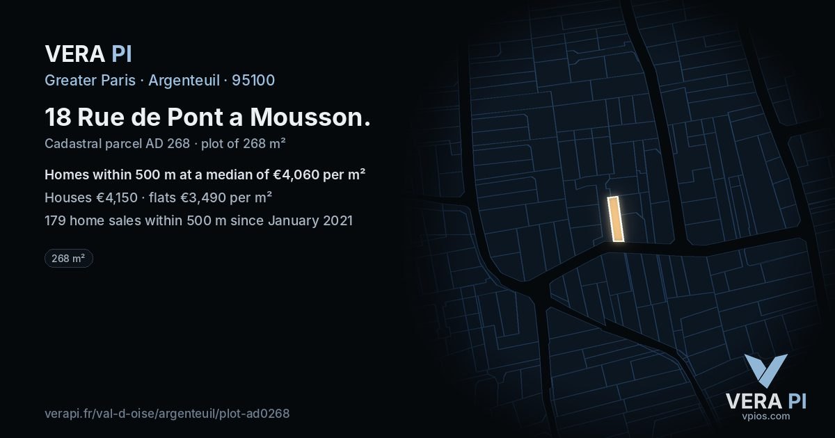 18 Rue de Pont a Mousson, Argenteuil at night – the plot lit, the parcels around coloured by the prices near them