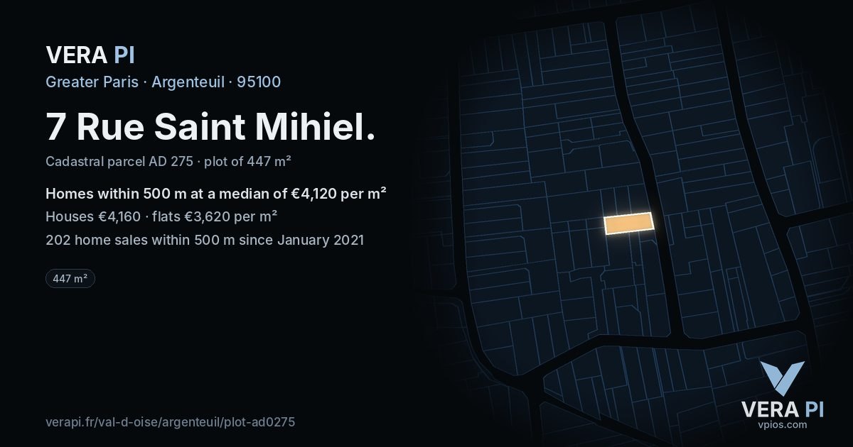 7 Rue Saint Mihiel, Argenteuil at night – the plot lit, the parcels around coloured by the prices near them