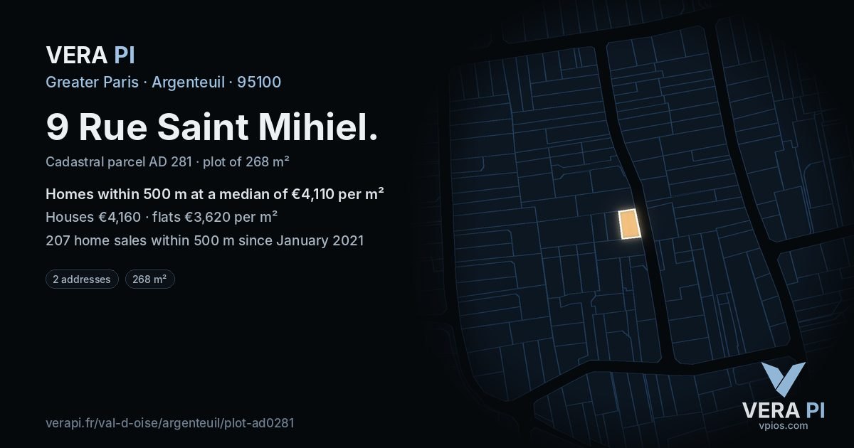 9 Rue Saint Mihiel, Argenteuil at night – the plot lit, the parcels around coloured by the prices near them