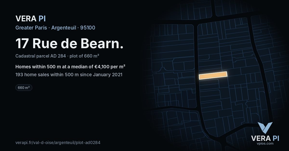 17 Rue de Bearn, Argenteuil at night – the plot lit, the parcels around coloured by the prices near them