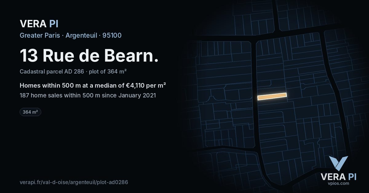 13 Rue de Bearn, Argenteuil at night – the plot lit, the parcels around coloured by the prices near them