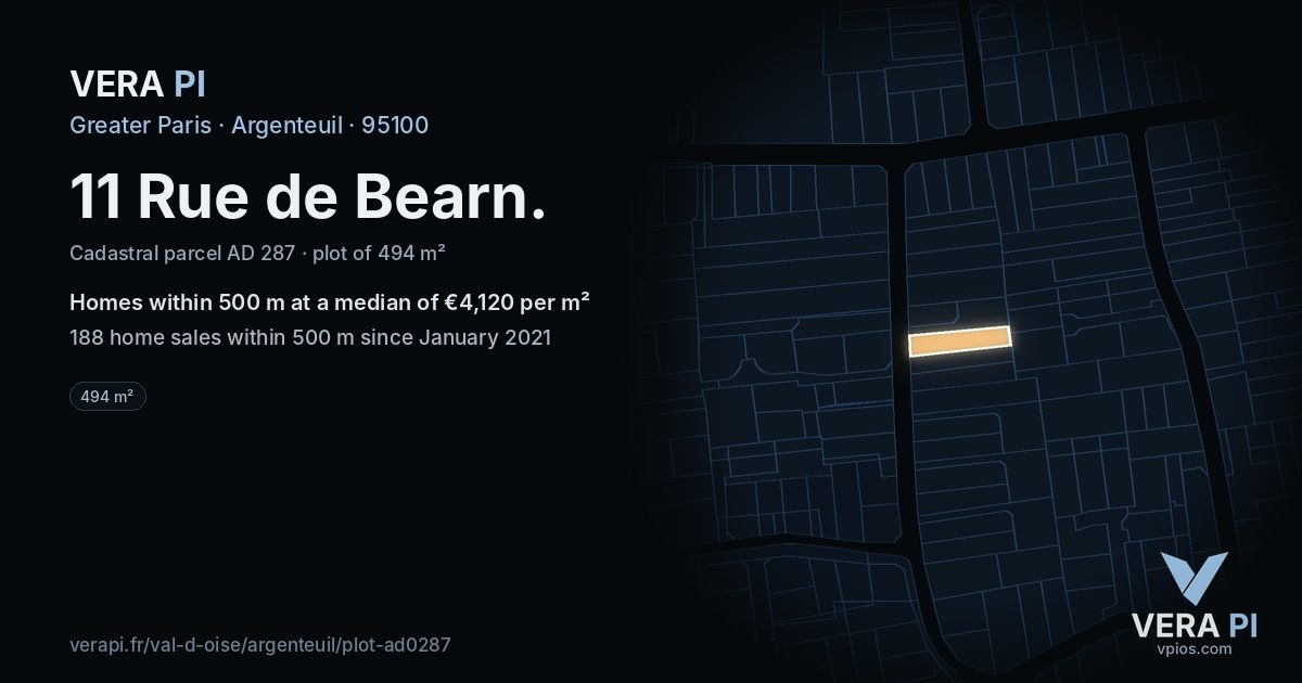 11 Rue de Bearn, Argenteuil at night – the plot lit, the parcels around coloured by the prices near them