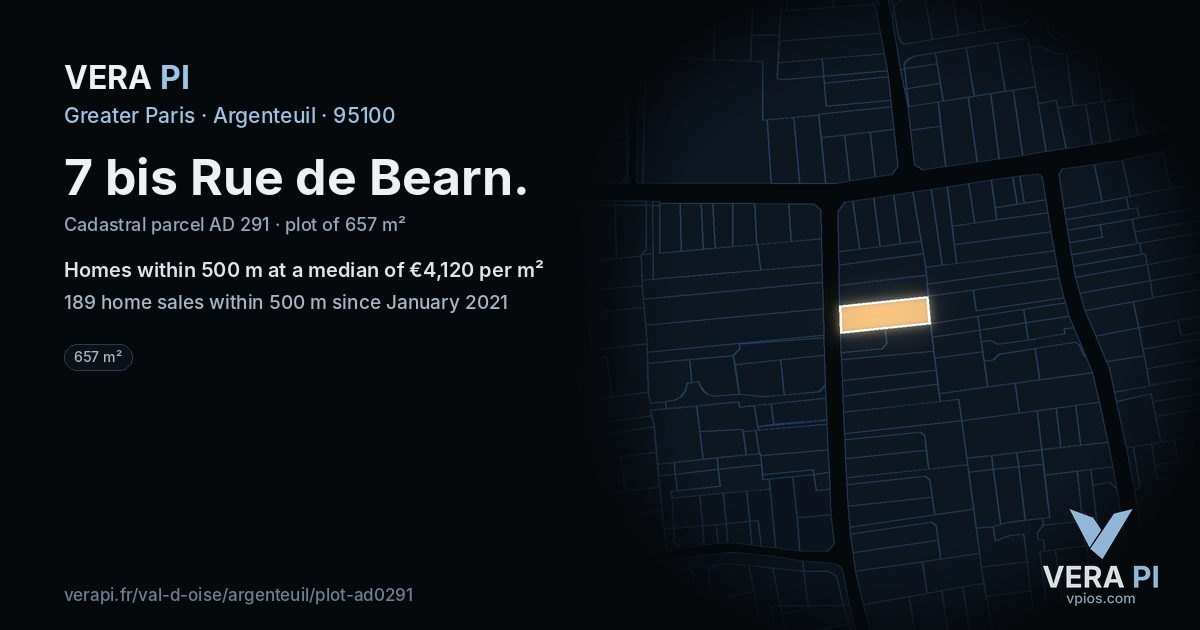 7 bis Rue de Bearn, Argenteuil at night – the plot lit, the parcels around coloured by the prices near them