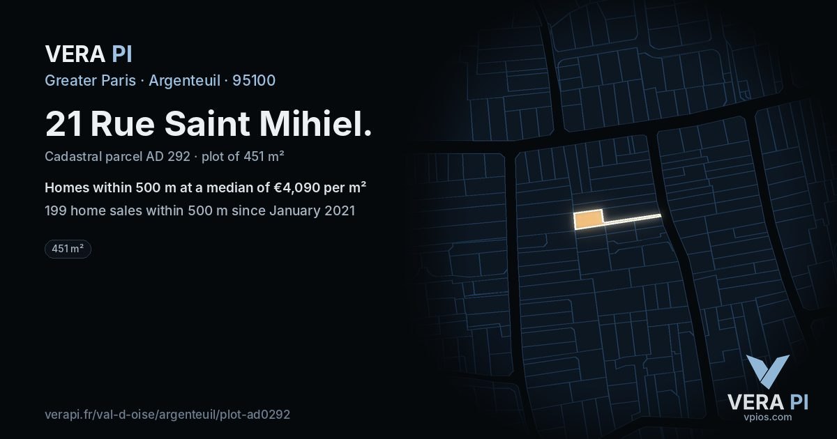 21 Rue Saint Mihiel, Argenteuil at night – the plot lit, the parcels around coloured by the prices near them
