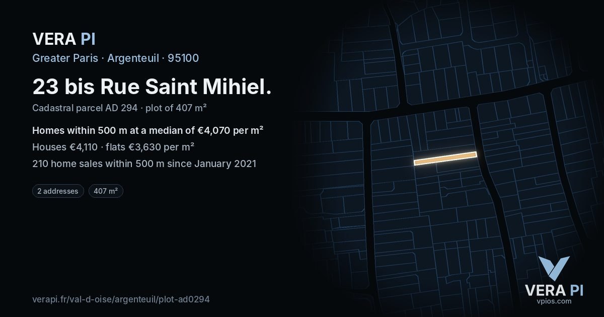 23 bis Rue Saint Mihiel, Argenteuil at night – the plot lit, the parcels around coloured by the prices near them
