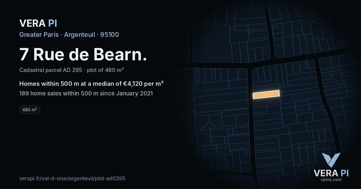 7 Rue de Bearn, Argenteuil at night – the plot lit, the parcels around coloured by the prices near them