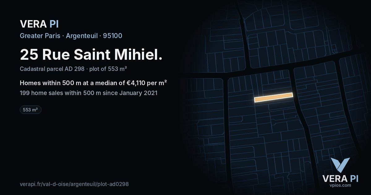 25 Rue Saint Mihiel, Argenteuil at night – the plot lit, the parcels around coloured by the prices near them