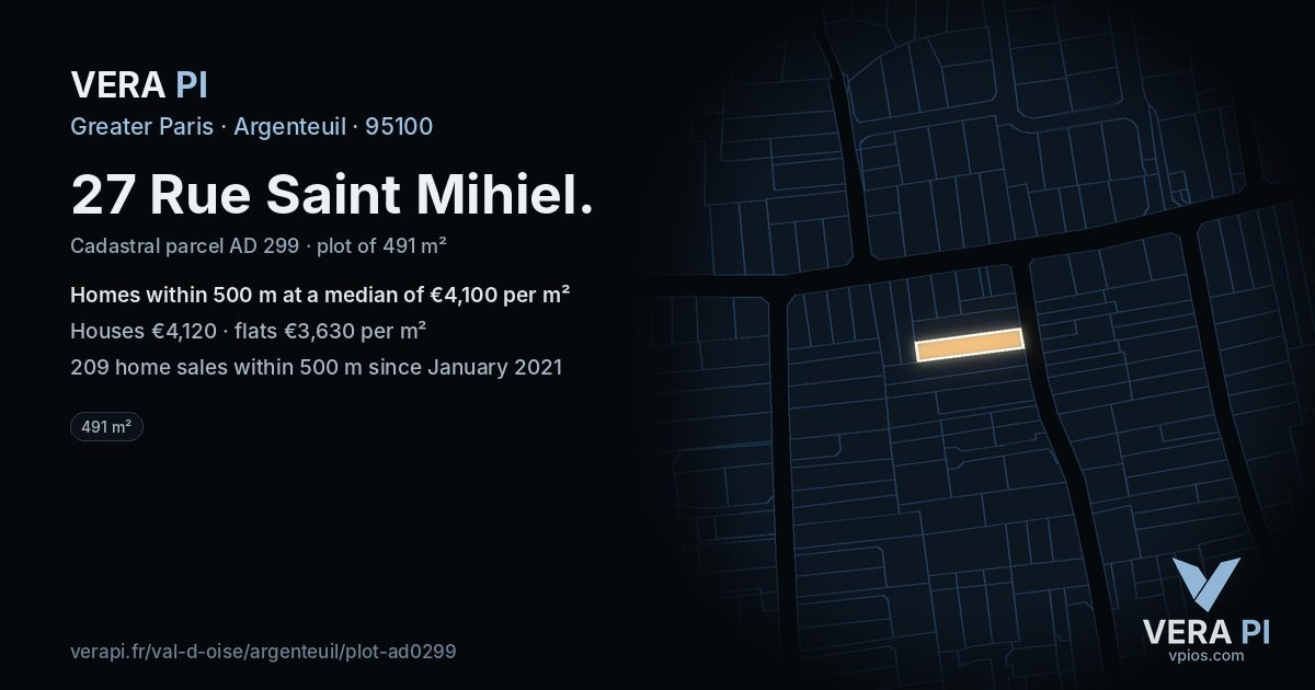 27 Rue Saint Mihiel, Argenteuil at night – the plot lit, the parcels around coloured by the prices near them