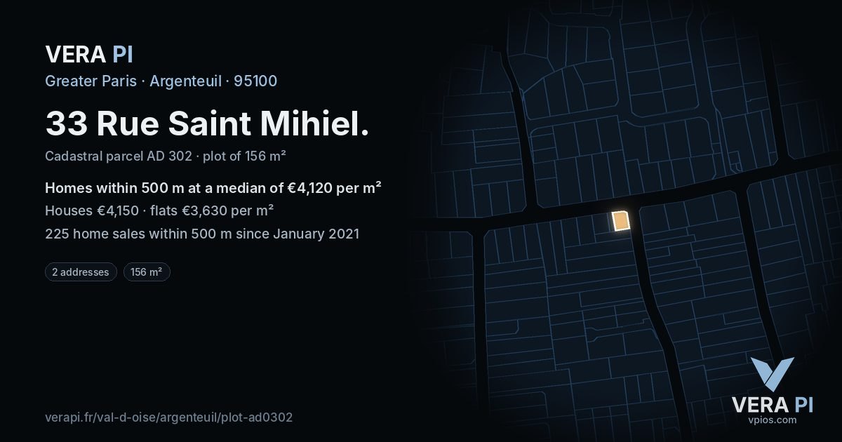 33 Rue Saint Mihiel, Argenteuil at night – the plot lit, the parcels around coloured by the prices near them