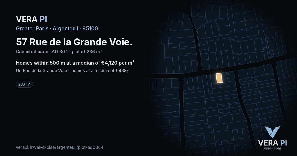 57 Rue de la Grande Voie, Argenteuil at night – the plot lit, the parcels around coloured by the prices near them