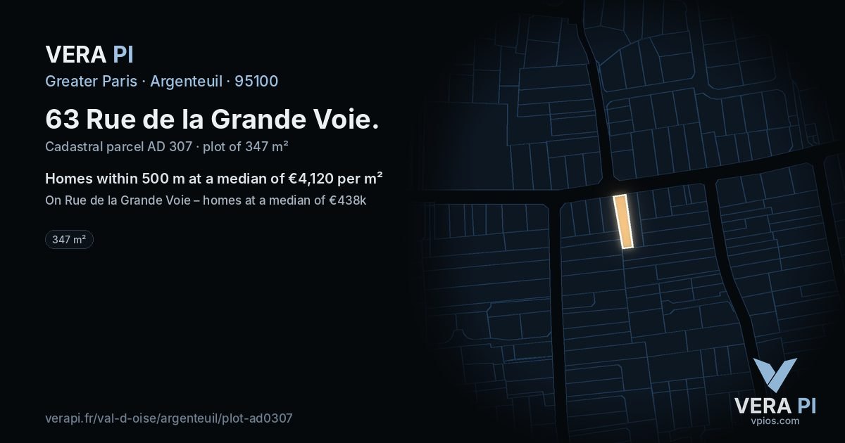 63 Rue de la Grande Voie, Argenteuil at night – the plot lit, the parcels around coloured by the prices near them