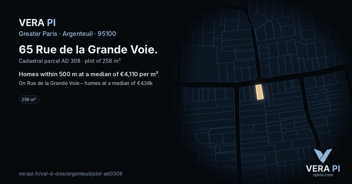 65 Rue de la Grande Voie, Argenteuil at night – the plot lit, the parcels around coloured by the prices near them