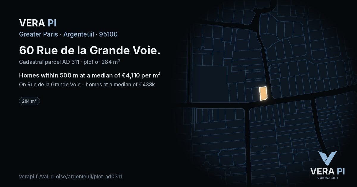 60 Rue de la Grande Voie, Argenteuil at night – the plot lit, the parcels around coloured by the prices near them