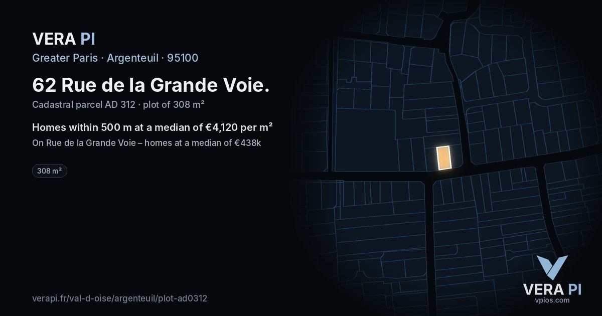 62 Rue de la Grande Voie, Argenteuil at night – the plot lit, the parcels around coloured by the prices near them