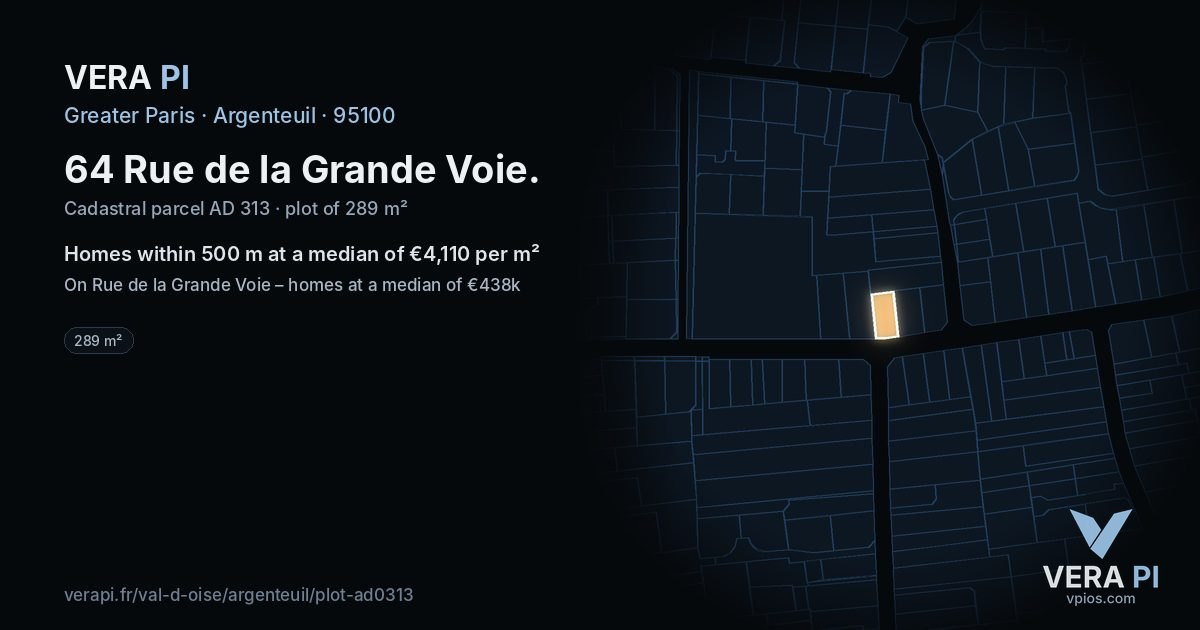 64 Rue de la Grande Voie, Argenteuil at night – the plot lit, the parcels around coloured by the prices near them