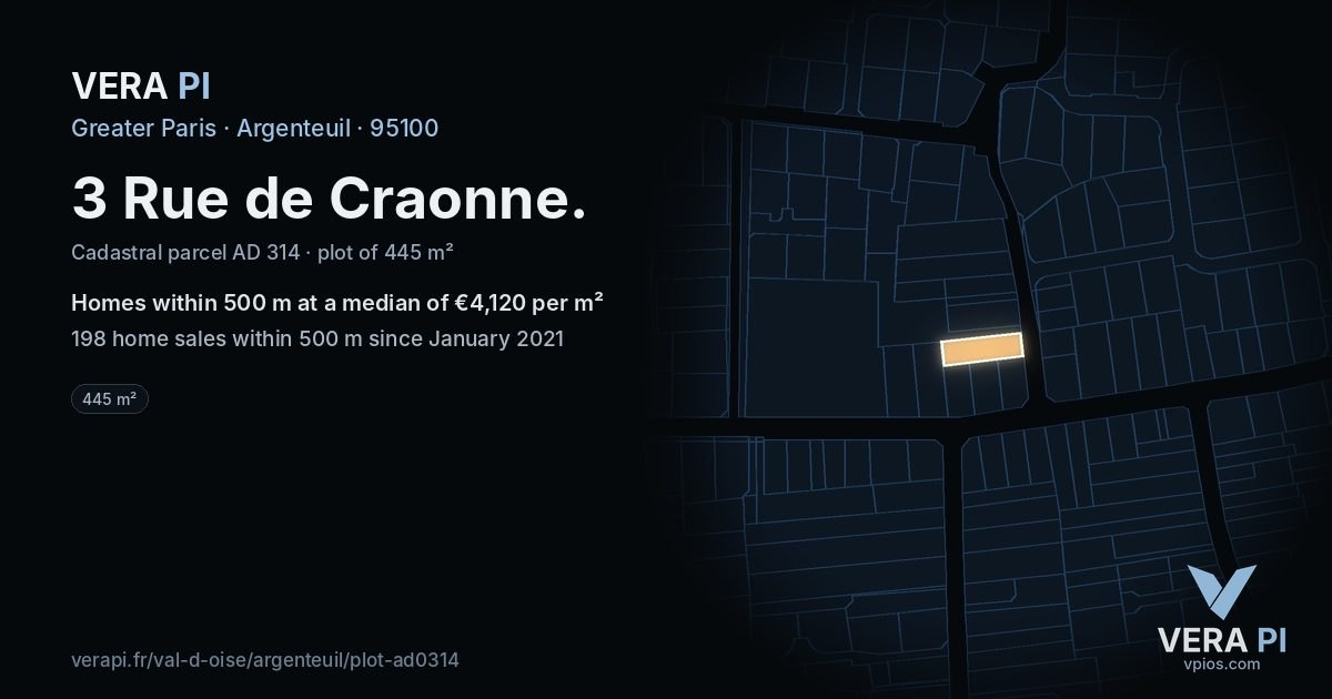3 Rue de Craonne, Argenteuil at night – the plot lit, the parcels around coloured by the prices near them