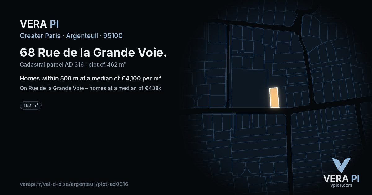 68 Rue de la Grande Voie, Argenteuil at night – the plot lit, the parcels around coloured by the prices near them