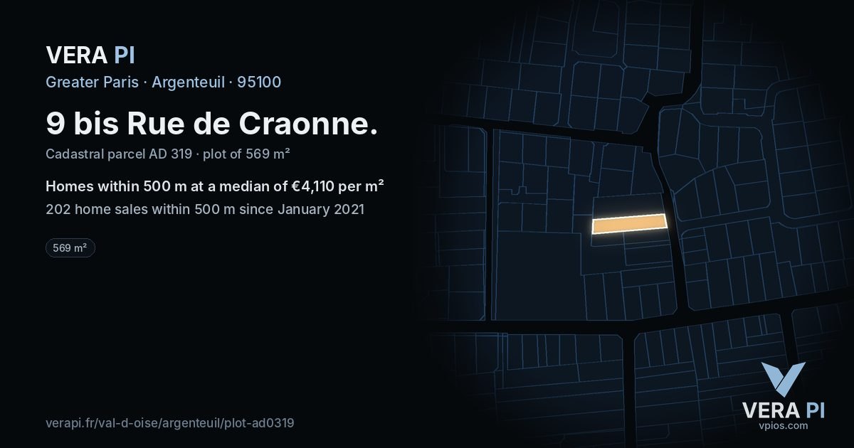 9 bis Rue de Craonne, Argenteuil at night – the plot lit, the parcels around coloured by the prices near them