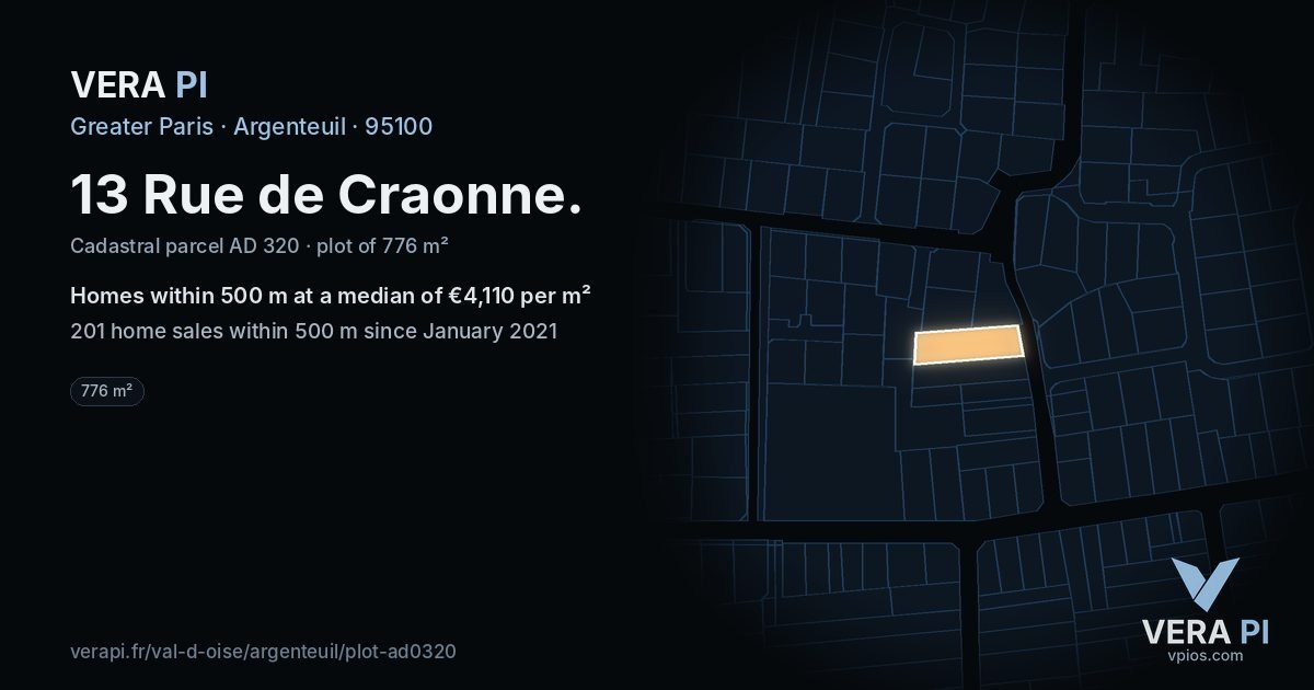 13 Rue de Craonne, Argenteuil at night – the plot lit, the parcels around coloured by the prices near them