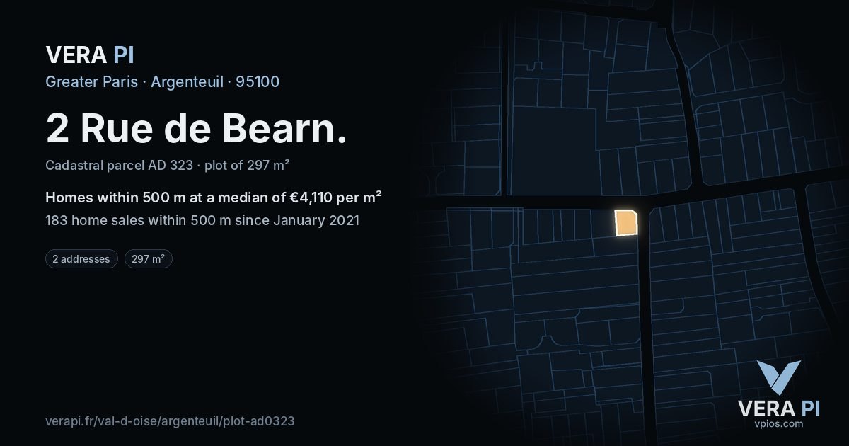 2 Rue de Bearn, Argenteuil at night – the plot lit, the parcels around coloured by the prices near them