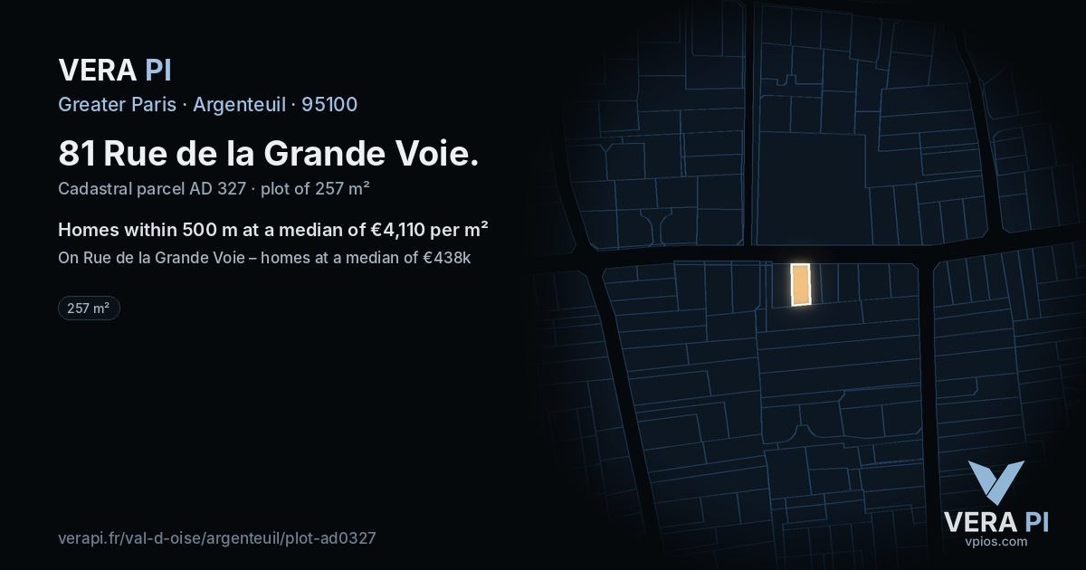 81 Rue de la Grande Voie, Argenteuil at night – the plot lit, the parcels around coloured by the prices near them
