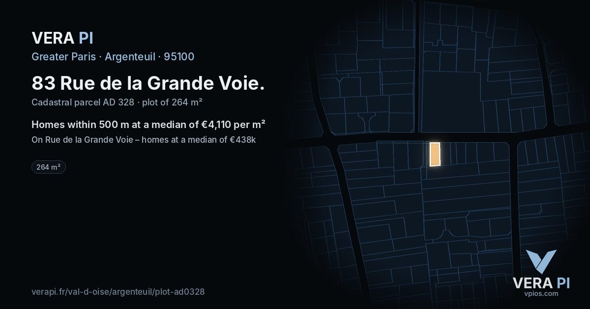 83 Rue de la Grande Voie, Argenteuil at night – the plot lit, the parcels around coloured by the prices near them