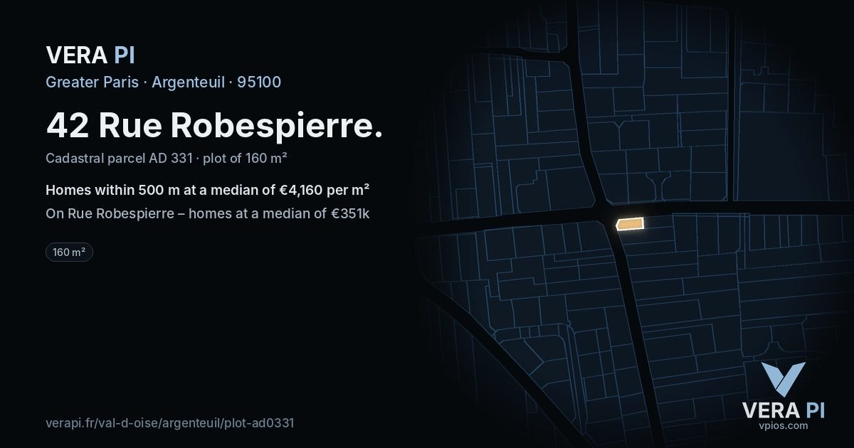 42 Rue Robespierre, Argenteuil at night – the plot lit, the parcels around coloured by the prices near them