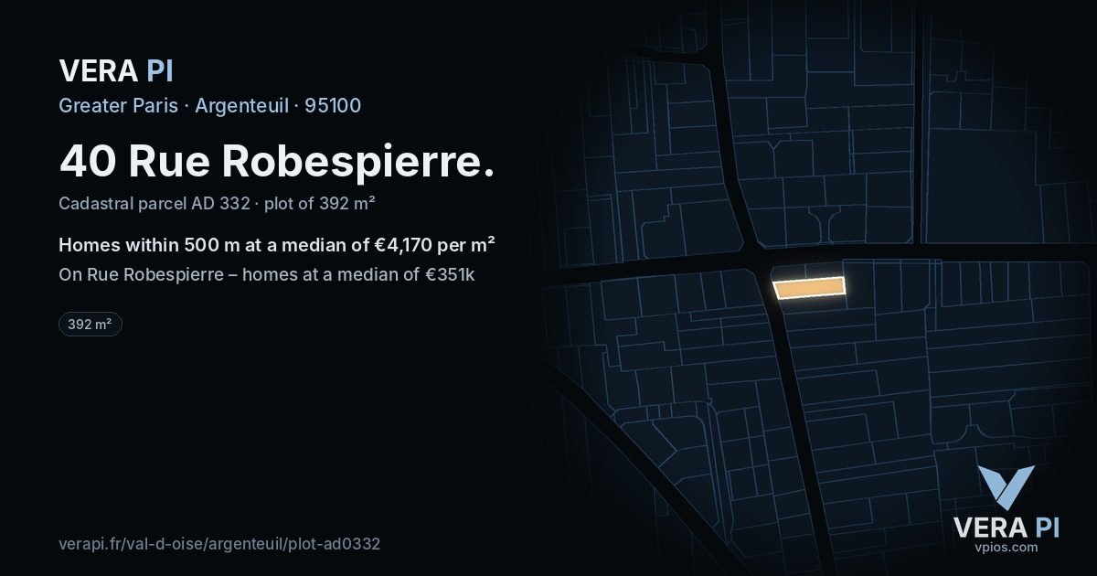 40 Rue Robespierre, Argenteuil at night – the plot lit, the parcels around coloured by the prices near them