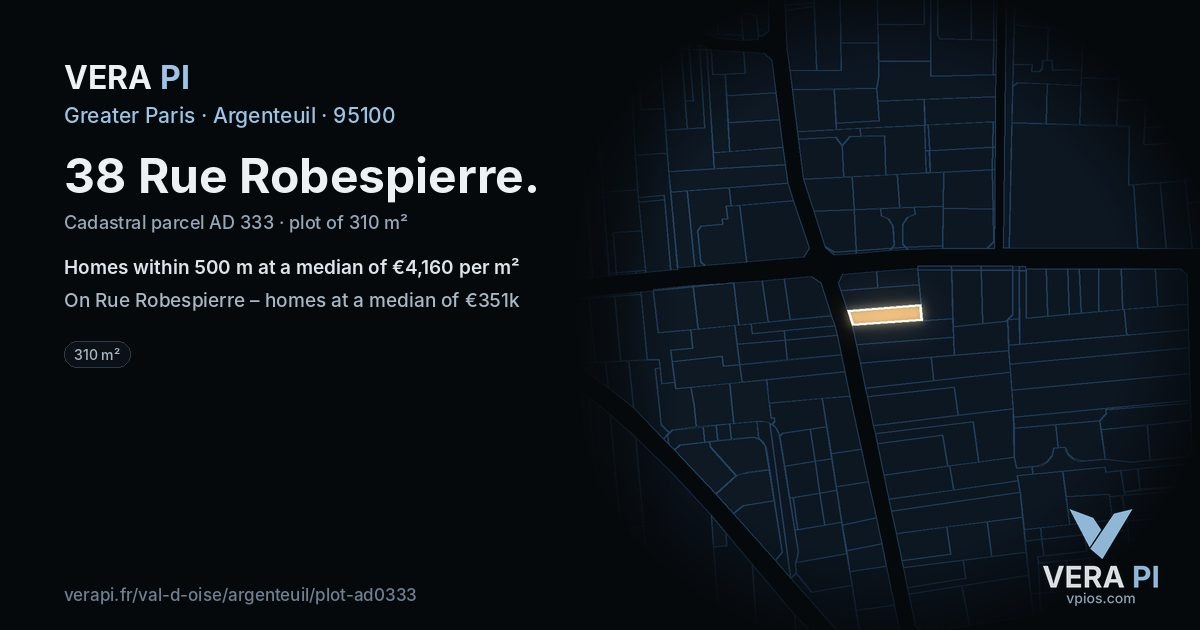 38 Rue Robespierre, Argenteuil at night – the plot lit, the parcels around coloured by the prices near them