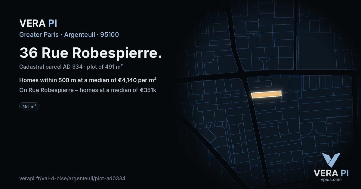 36 Rue Robespierre, Argenteuil at night – the plot lit, the parcels around coloured by the prices near them