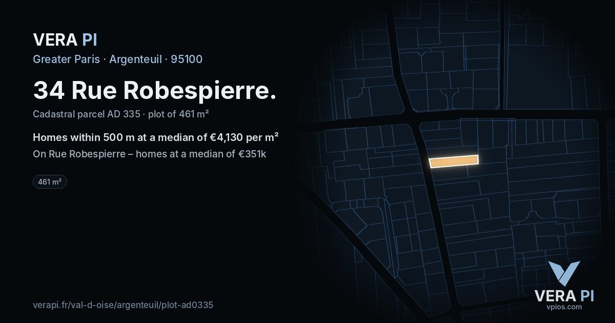 34 Rue Robespierre, Argenteuil at night – the plot lit, the parcels around coloured by the prices near them