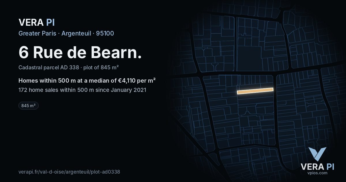 6 Rue de Bearn, Argenteuil at night – the plot lit, the parcels around coloured by the prices near them